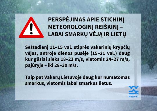 Perspėjimas dėl labai smarkaus vėjo...