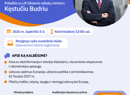 Kviečiame į nuotolinę diskusiją „Tai kaip iš tikrųjų?“ su užsienio reikalų ministru Kęstučiu Budriu