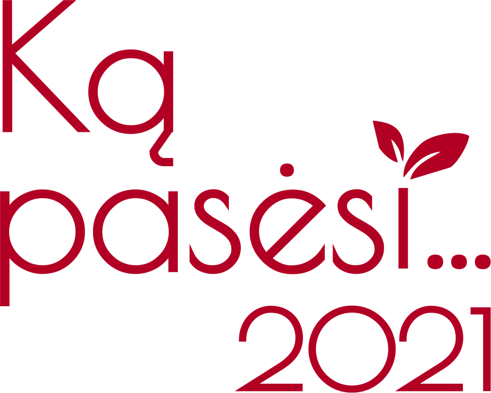 "Ką pasėsi 2021" logotipas tamsiai bordo spalvos raidės, du lapeliai virš i raidės