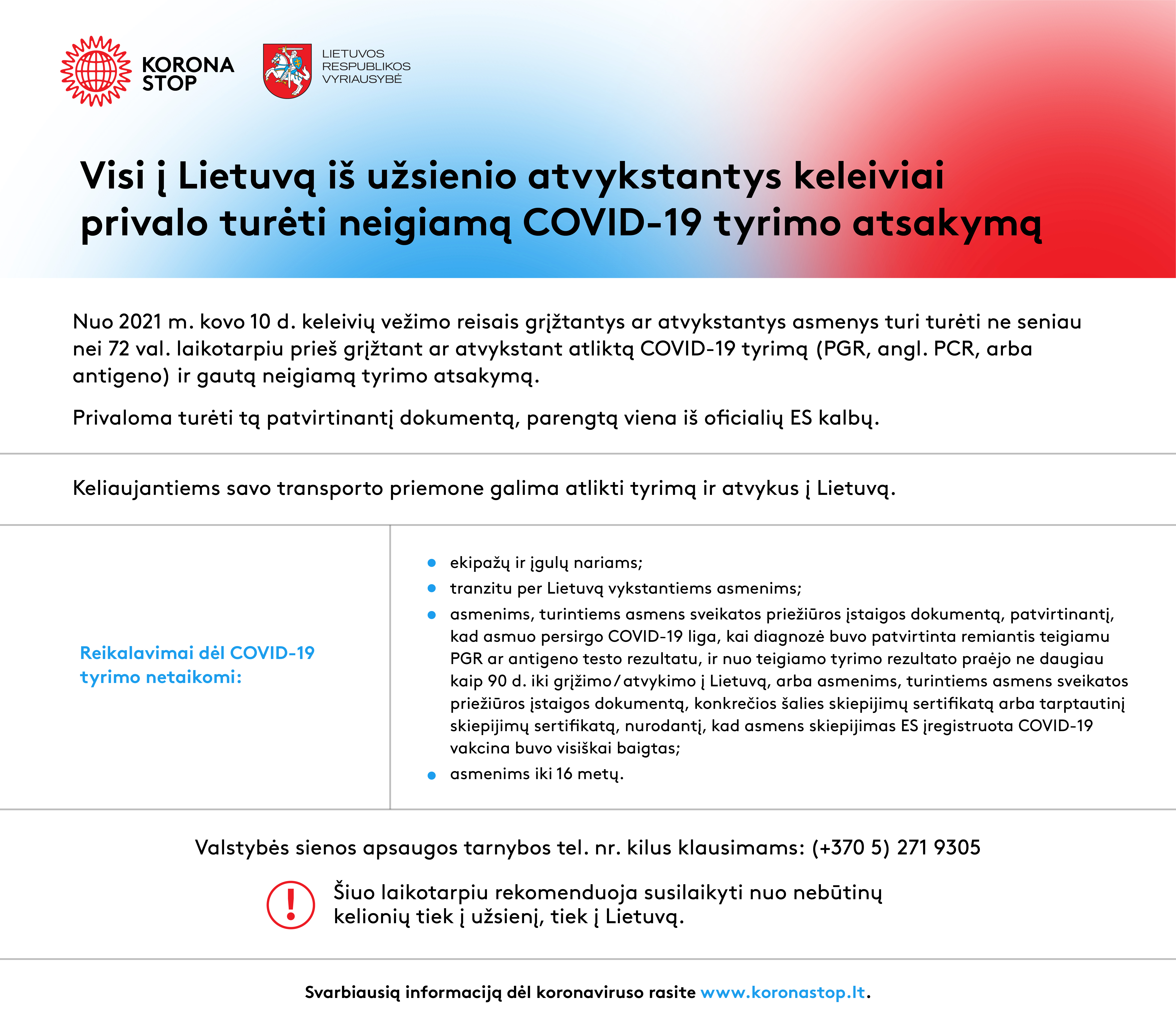 Atvykstantys privalo turėti neigiamą COVID-19 tyrimo atsakymą